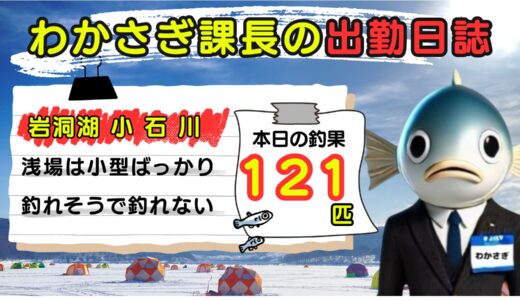 わかさぎ課長の出勤日誌｜岩洞湖氷上ワカサギ釣り【小石川】電気釣りで121匹！ヘッドライトでワカサギを集めてみた